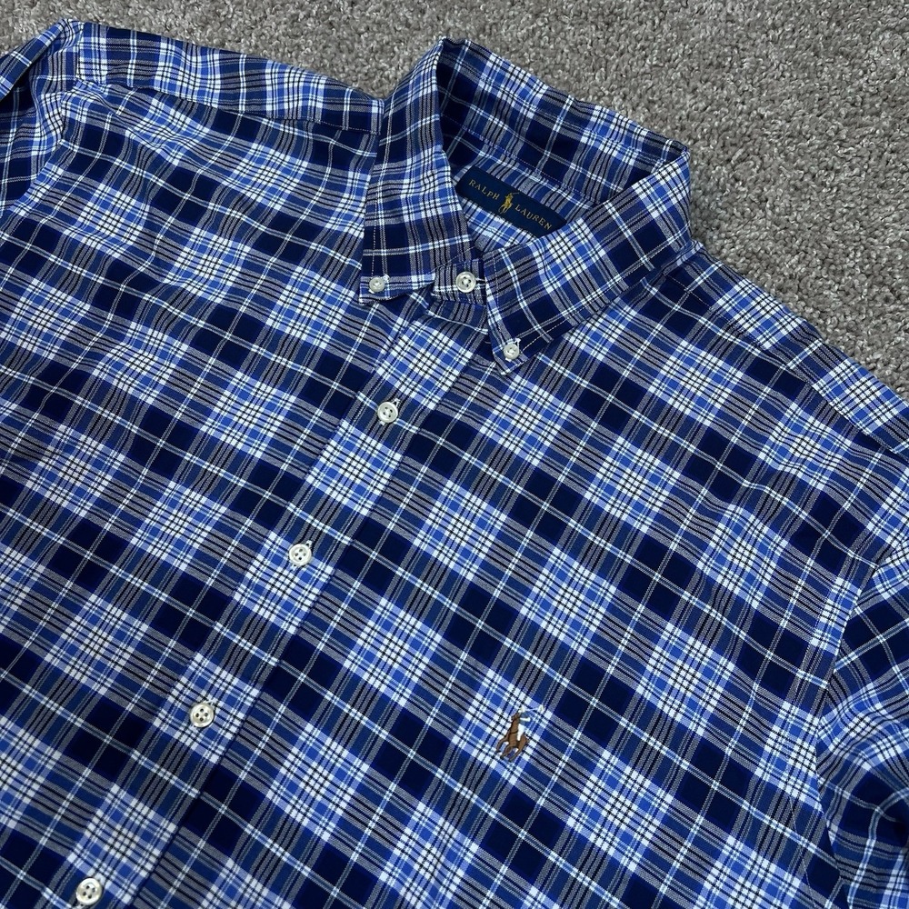 Ralph Lauren Long Sleeve Button Down Shirt XLT Blue Plaid Flesh Pony Cotton NWT